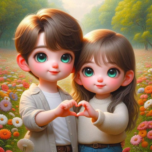 Two children making a heart shape with their hands in a flower field