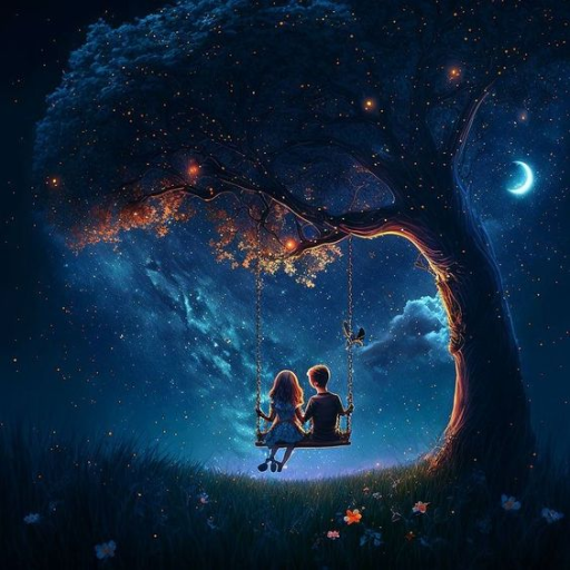 Two children sitting on a swing under a starry tree with a crescent moon in the background