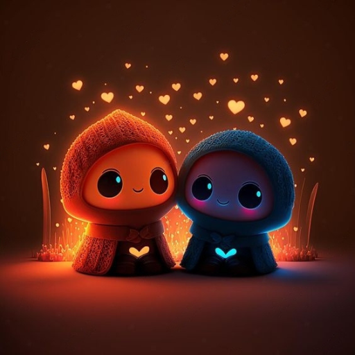 Two cute animated characters glowing with heart-shaped lights around them