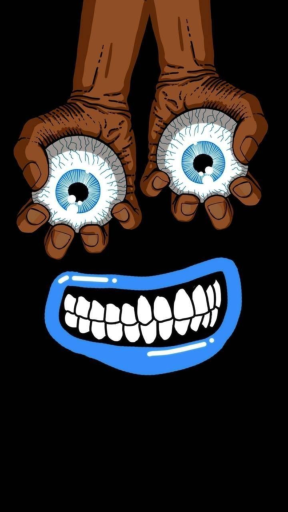 Two hands with eyes in the palms above a smiling mouth on a black background