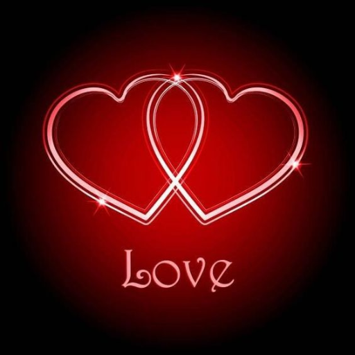 Two intertwined neon red hearts with sparkling highlights on a dark red background, with the word _Love_ below