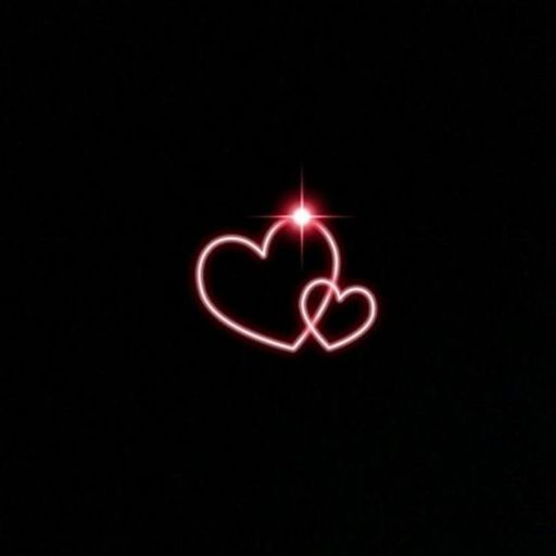 Two neon hearts intertwined, glowing red against a dark background