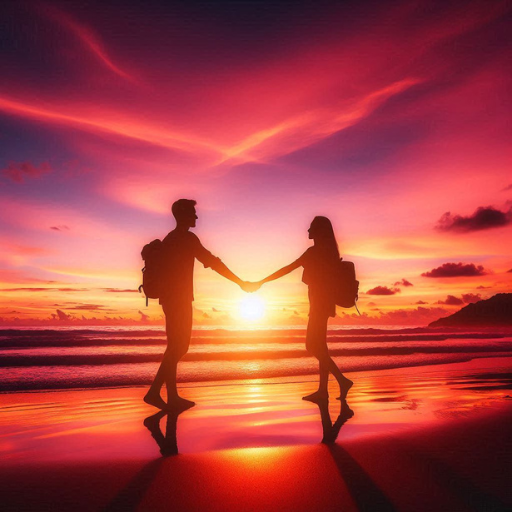 Two people holding hands on a beach at sunset, with a vibrant sky