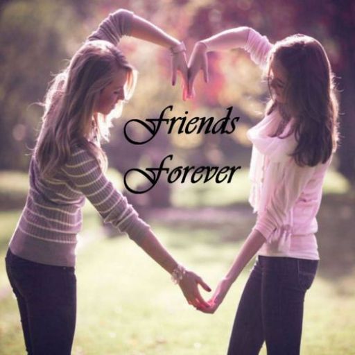 Two people making a heart shape with their arms, text _Friends Forever_ in the center