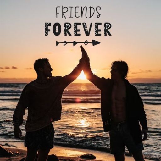 Two people on a beach high-fiving at sunset with the phrase _Friends Forever_ above them