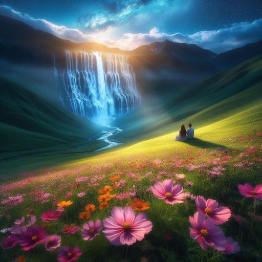 Two people sitting before a majestic waterfall in a vibrant flower-filled valley at dusk