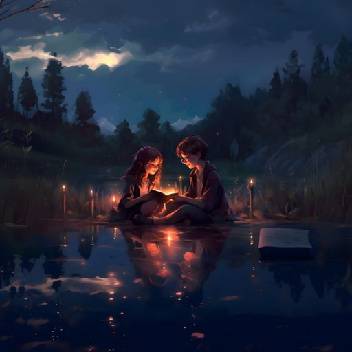 Two people sitting by a lakeside at dusk, with a glowing book between them and fireflies around