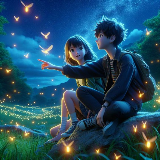 Two people sitting on a rock surrounded by glowing fireflies at night