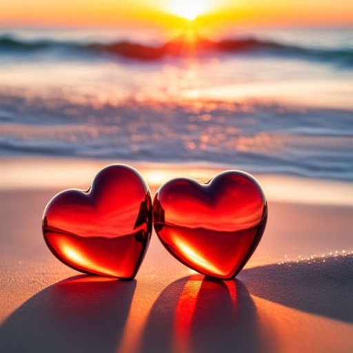 Two red heart-shaped objects on a beach at sunset