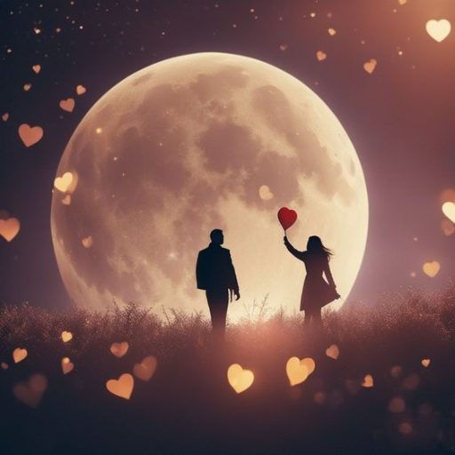 Two silhouetted figures against a full moon with one holding a heart-shaped balloon, surrounded by heart bokeh