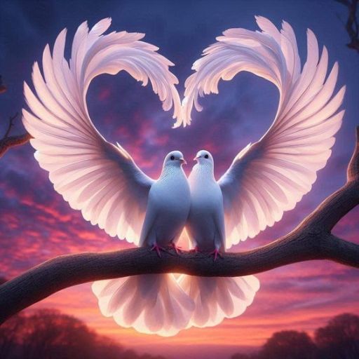 Two white doves with wings forming a heart shape on a branch against a sunset sky