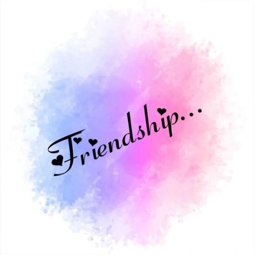 Watercolor splash in blue and pink with the word _Friendship..._ and a heart above the _i