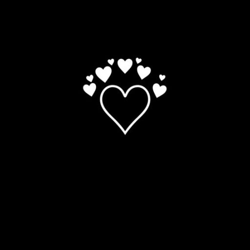 White heart outlines of varying sizes on a black background, with a large heart at the center