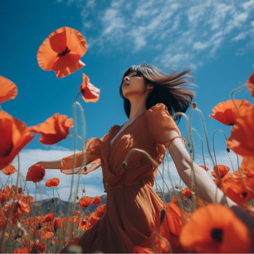 Woman in an orange dress amidst a field of red poppies under a blue sky