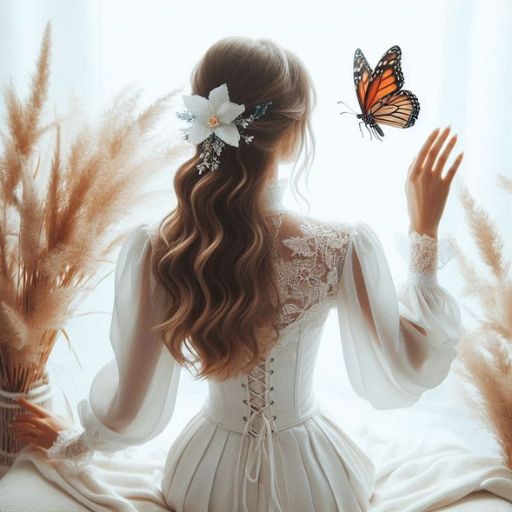 Woman in white dress with a butterfly near her, sitting by window with pampas grass decor