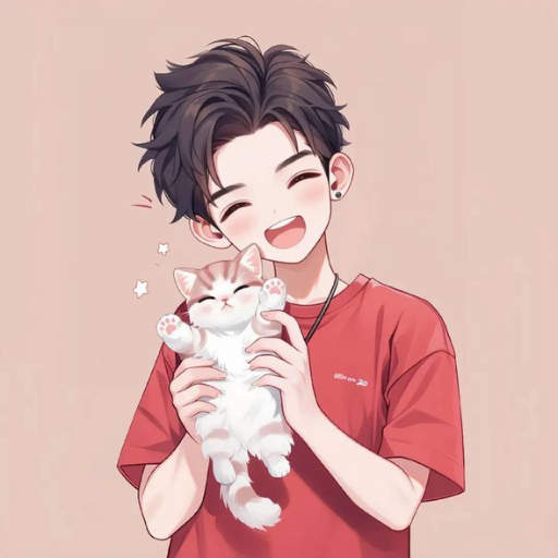 Young animated boy in red shirt joyfully holding a happy white and orange cat