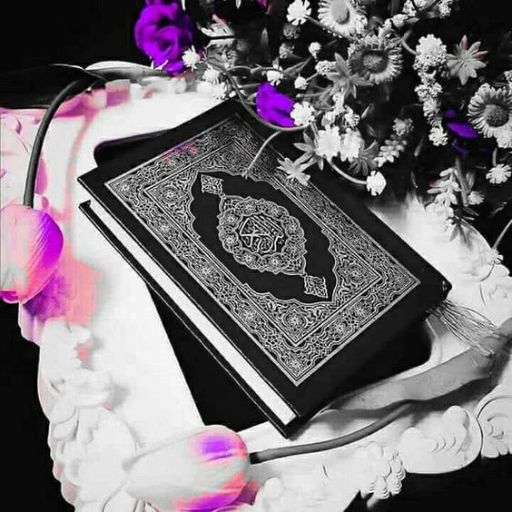 A black-and-white photo of a book with an ornate cover, surrounded by flowers, with selective purple coloring