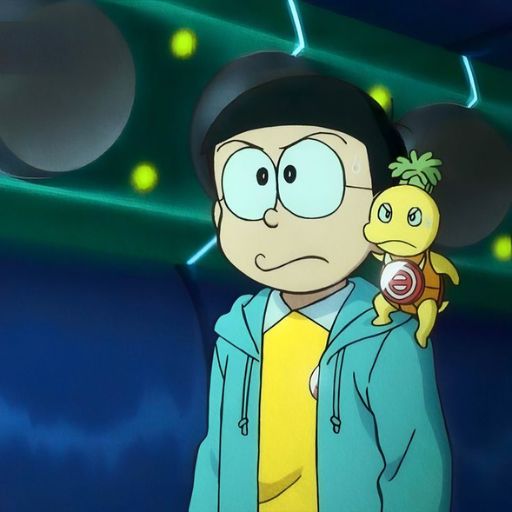 A boy with glasses and a small yellow creature on his shoulder standing against a bokeh light background