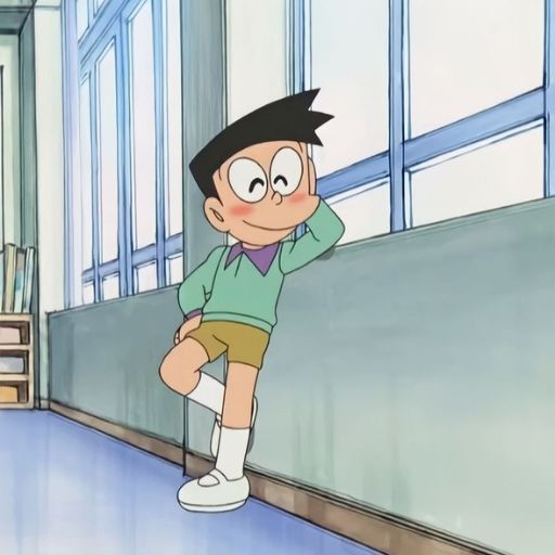 A cartoon boy with black hair leaning against a wall by a window, looking thoughtful with hand on chin