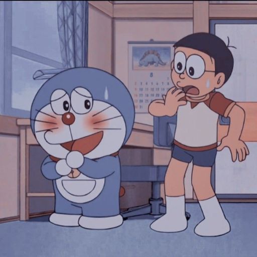 A cartoon image of Doraemon, a blue cat robot, standing next to a young boy in a room