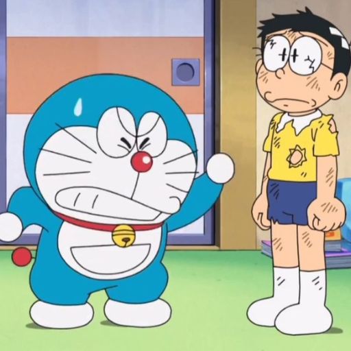 A cartoon image showing Doraemon gesturing excitedly next to a troubled-looking Nobita