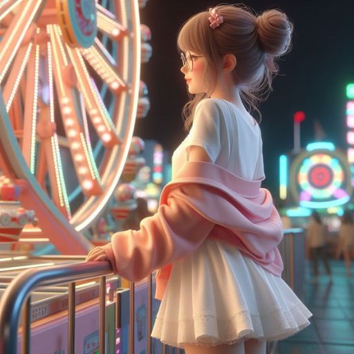 A child in a pink jacket observes bright, vibrant amusement park rides at night