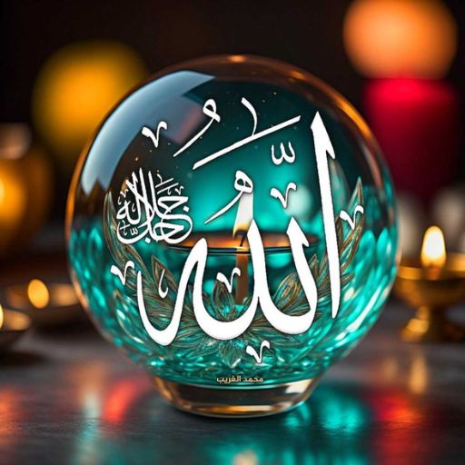 A crystal ball with intricate Arabic calligraphy, glowing amidst a backdrop of warm candles