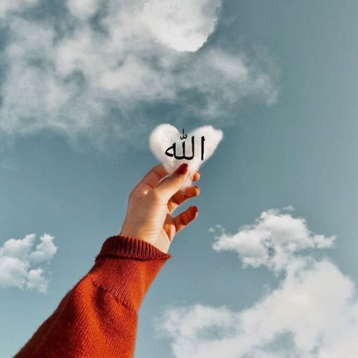 A hand reaching up to a heart-shaped cloud in the sky with the Arabic word _Allah_ inscribed inside it