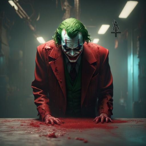 A person in a blood-splattered red suit with green hair leaning on a table, set in a dimly lit, eerie room