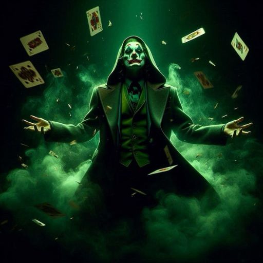 A person in a suit with playing cards floating in a mystical green smoke