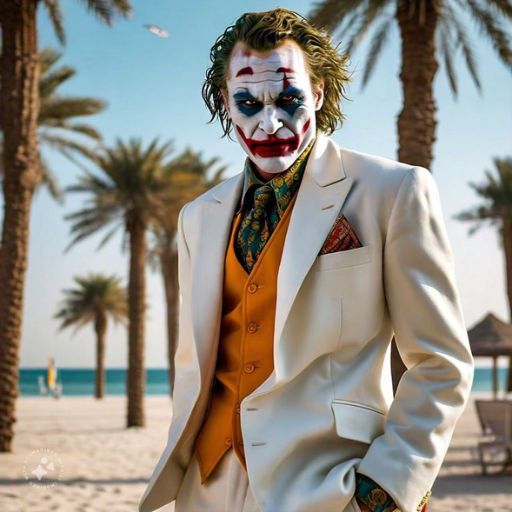 A person in a white suit and orange waistcoat standing on a beach with palm trees