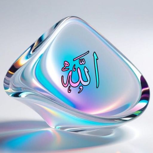 A reflective, iridescent glass sculpture with Arabic calligraphy _Allah_ inscribed in the center