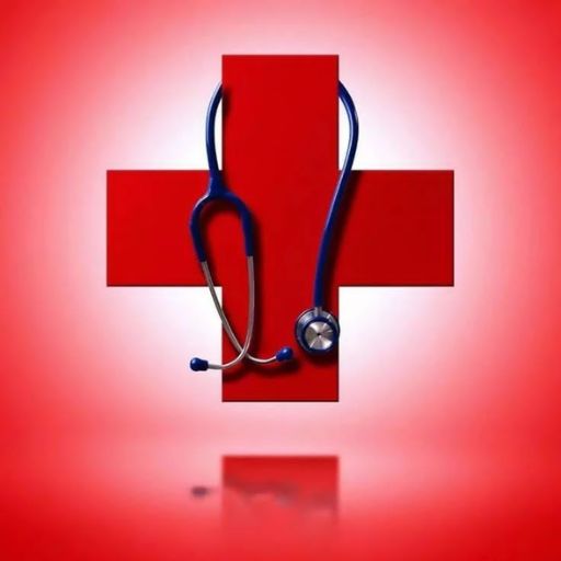 A stethoscope draped over a red medical cross with a reflective surface and gradient red background