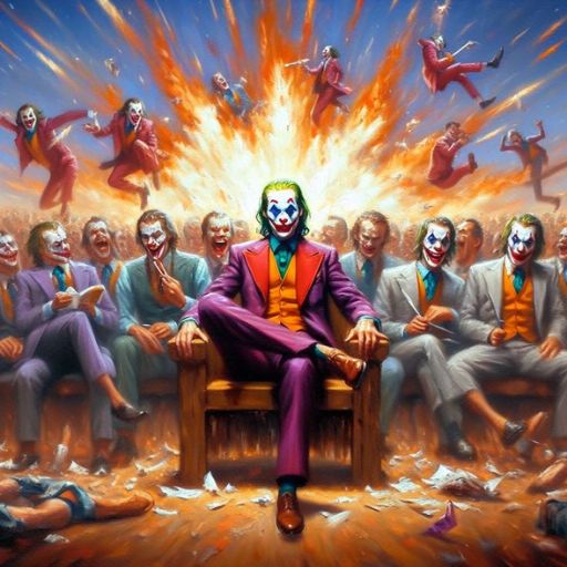 A surreal painting of people in suits with chaotic, exploding background