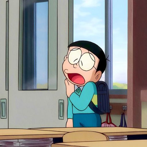 An animated boy with glasses yawns at a desk, backpack on, near a window with daylight