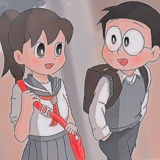 An illustration of a cartoon boy with a backpack looking to his side towards a cartoon character