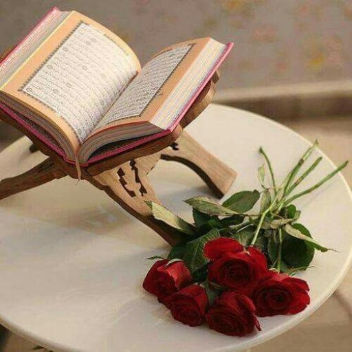 An open book on a wooden stand with a bunch of red roses on a white surface