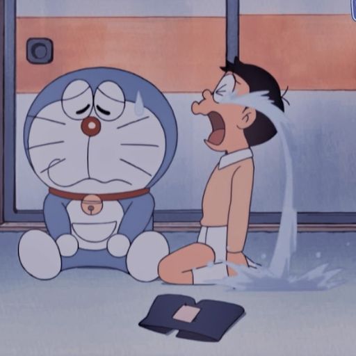 Animated boy and cat characters appear upset, sitting on the floor with tears in their eyes