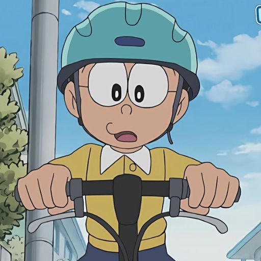 Animated boy with glasses and helmet riding a bike, looking surprised