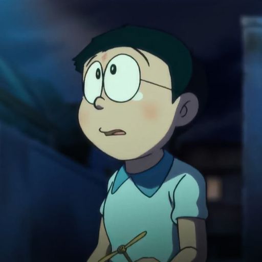 Animated boy with glasses looking anxious in the dark, holding a stick