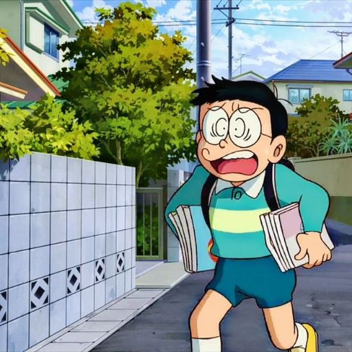 Animated boy with glasses running with books on a sidewalk, looking worried