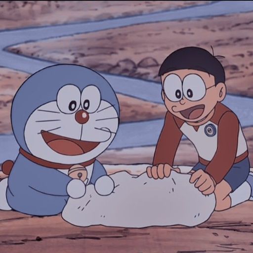 Animated cat and boy lifting a large rock together by a riverbank