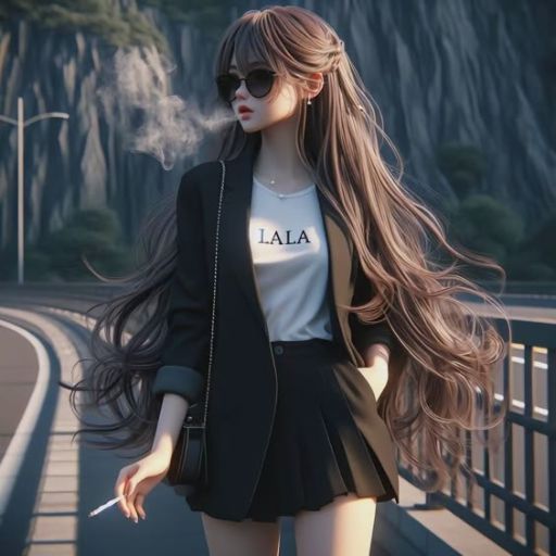 Animated character in a black jacket and skirt walking on a bridge