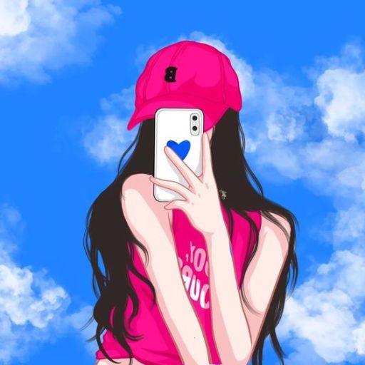 Animated character taking a selfie with a heart on the phone case, wearing a pink cap and sleeveless top