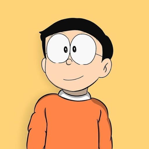 Cartoon boy in orange shirt with large eyes and glasses against a yellow background