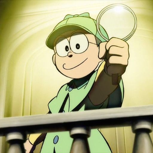 Cartoon detective in a green hat and coat holding a magnifying glass, smiling