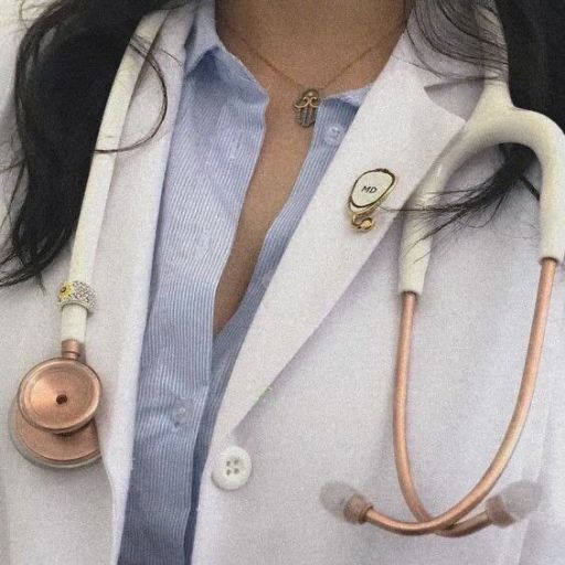 Close-up of a medical professional with a stethoscope and white coat over a blue shirt