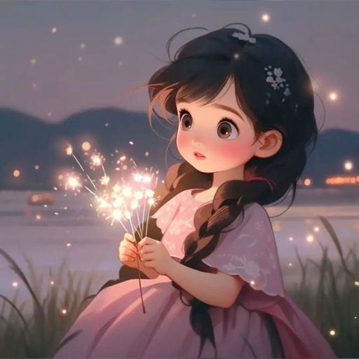 Girl in a pink dress holding a sparkler with a twilight lake scene in the background