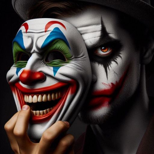 Half of a person's face with clown makeup, wearing a hat, and holding a playing card