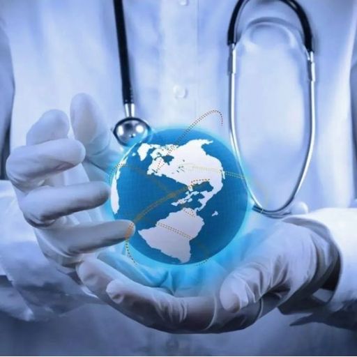 Hands in gloves holding a stethoscope and a transparent globe, symbolizing global healthcare